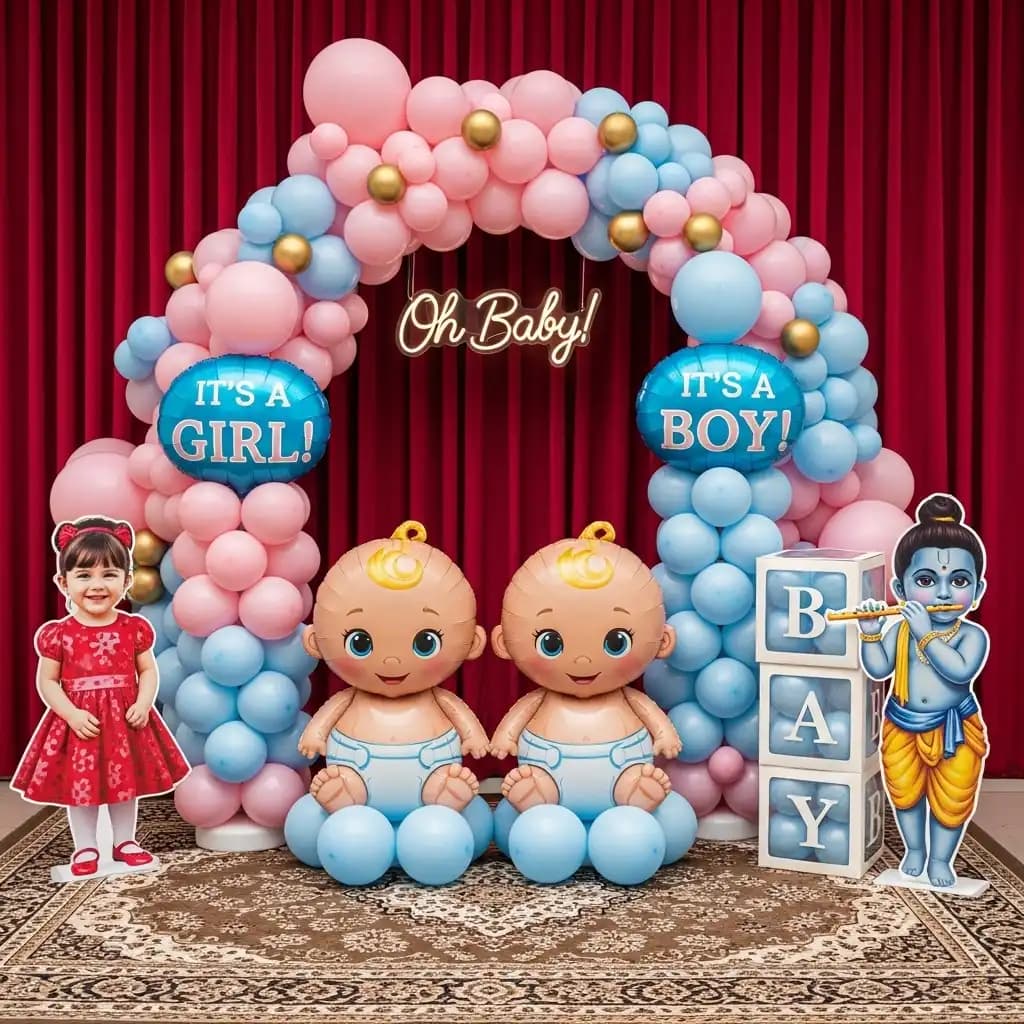 Baby shower setup with vibrant pink, blue, and gold balloon arch, “It’s a Girl!” and “It’s a Boy!” signs, baby figurines, Krishna cutout, and “Oh Baby!” neon sign against a red curtain backdrop.