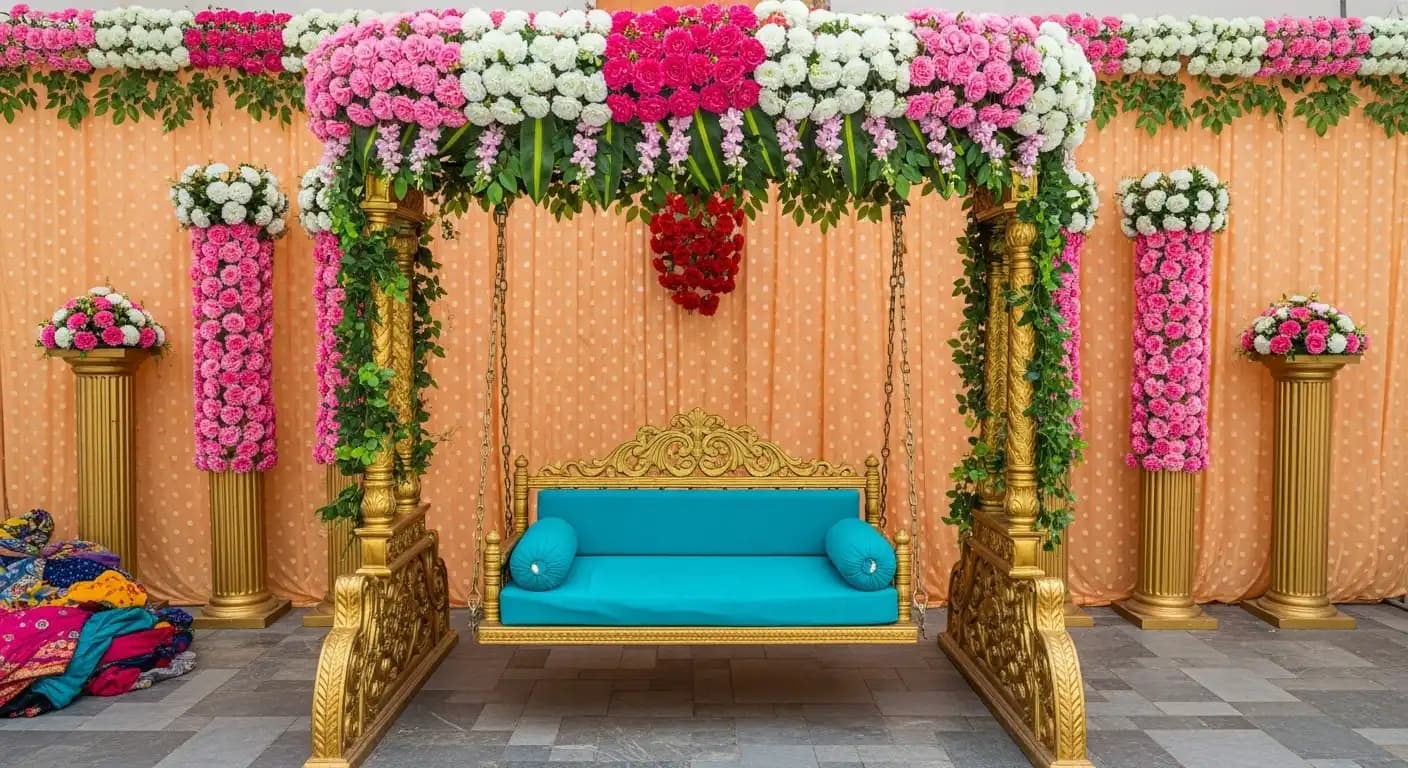 Decorative floral swing with a turquoise cushion, set against a peach backdrop with draped fabric, floral pillars, and traditional celebratory decor.