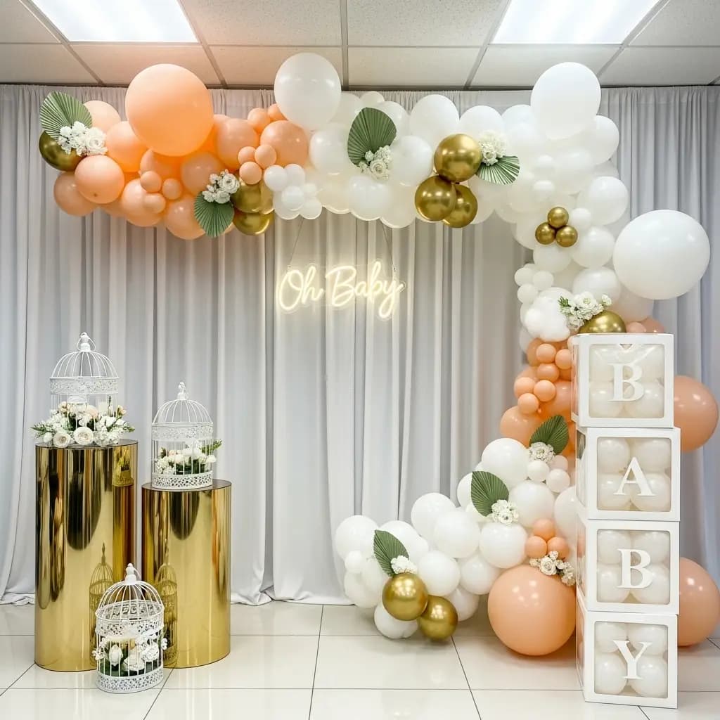 Baby shower setup with balloon arch in white, gold, and peach, “Oh Baby” neon sign, floral birdcage stands, and stacked transparent boxes spelling “BABY.”