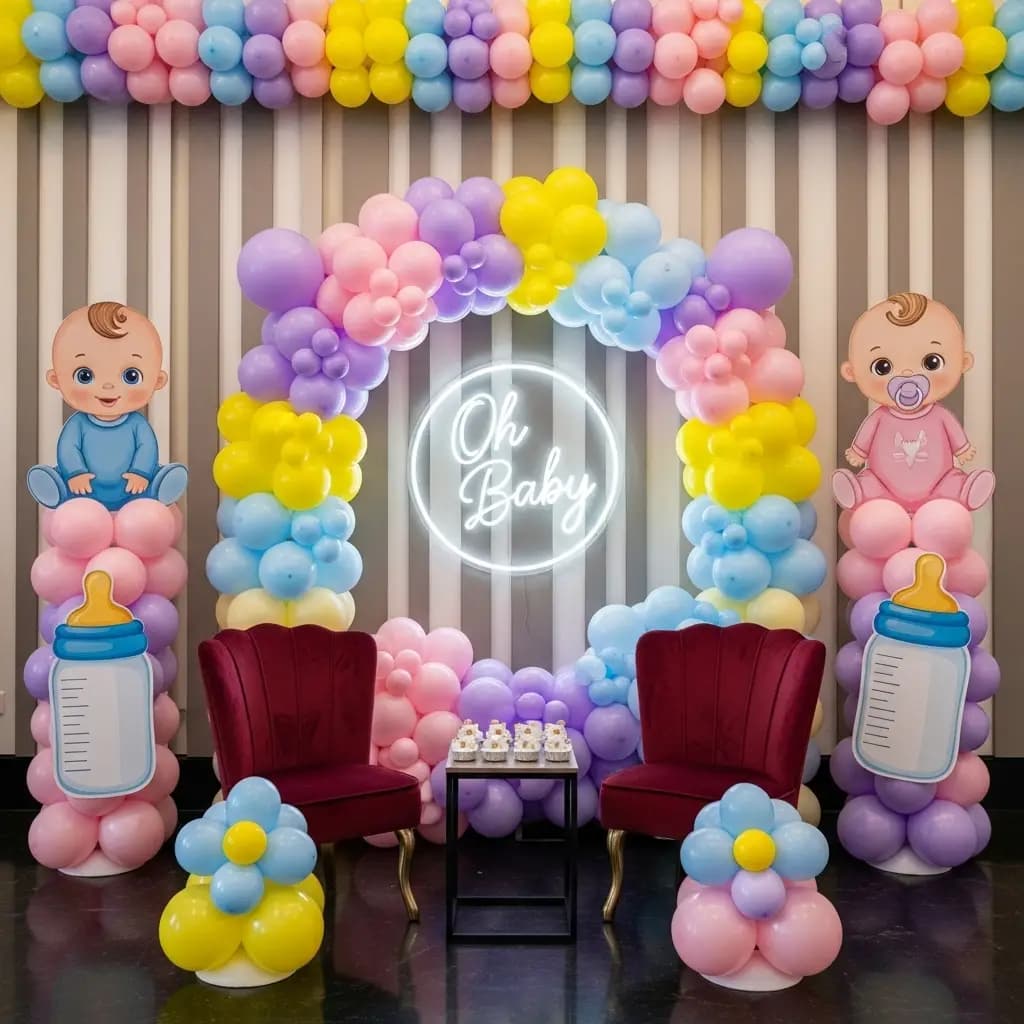 Baby shower setup with pastel balloon arch, “Oh Baby” neon sign, red chairs, baby bottles on a central table, and themed decorations like baby bottle cutouts and illustrations.