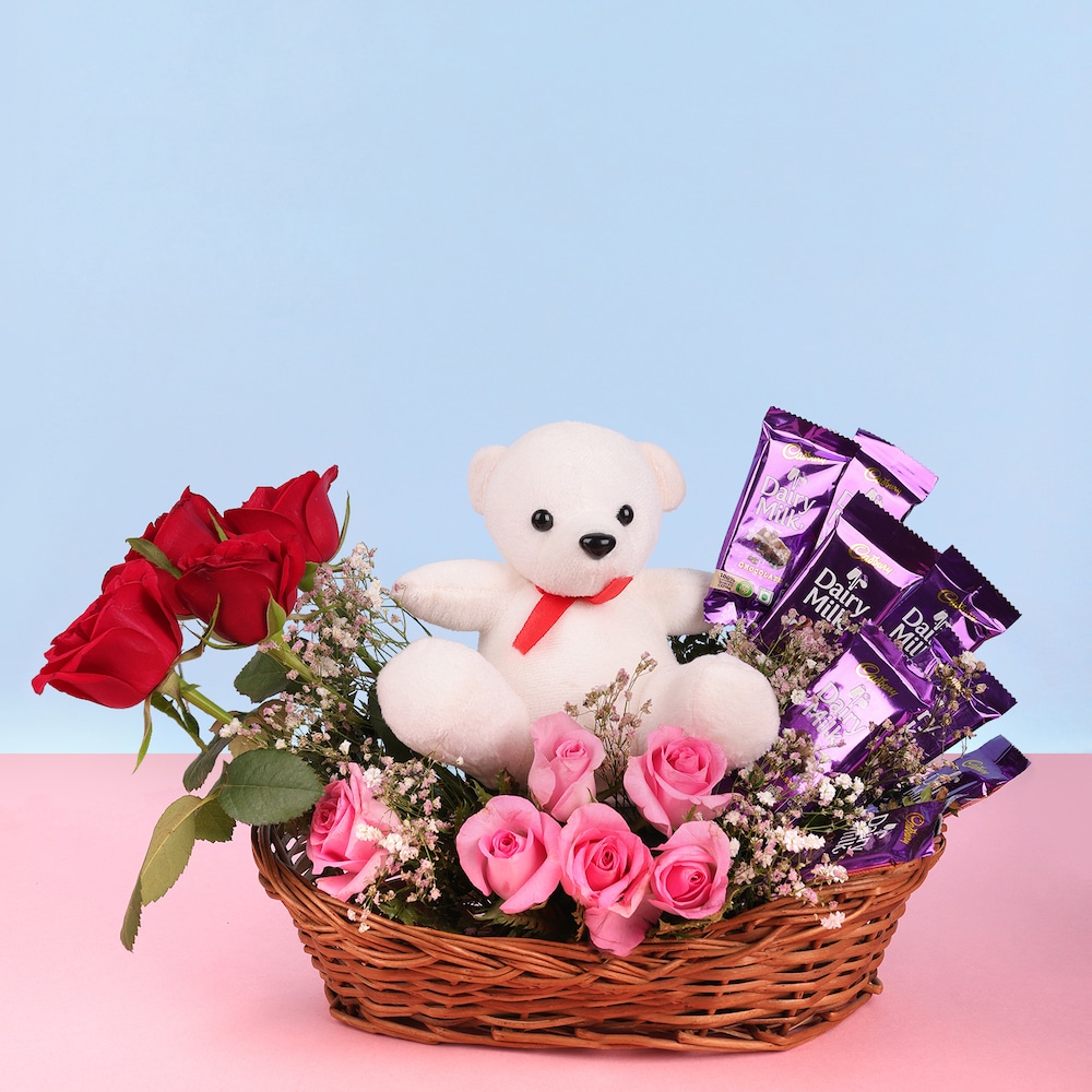 Cute Teddy And Rose Arrangement