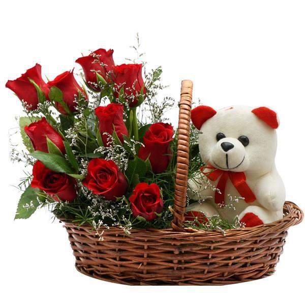 Rose Bouquet Basket with Teddy