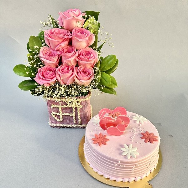 Roses with Cake Combo for Mom