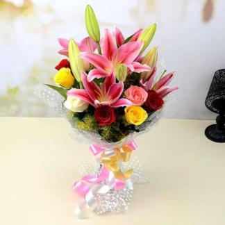 Fresh Pink Lilies and Rose Bouquet